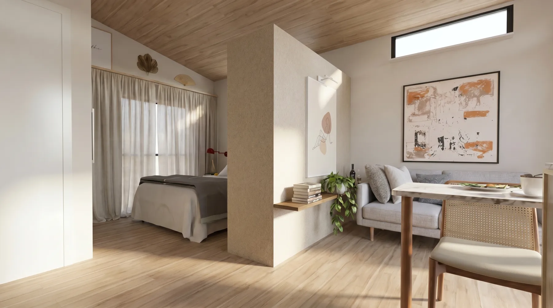 Estar e quarto integrados de um estúdio de 24 m²